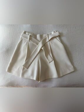 Maje Ecru Cream High-Waist Belted Tailored Shorts with Front Pleat